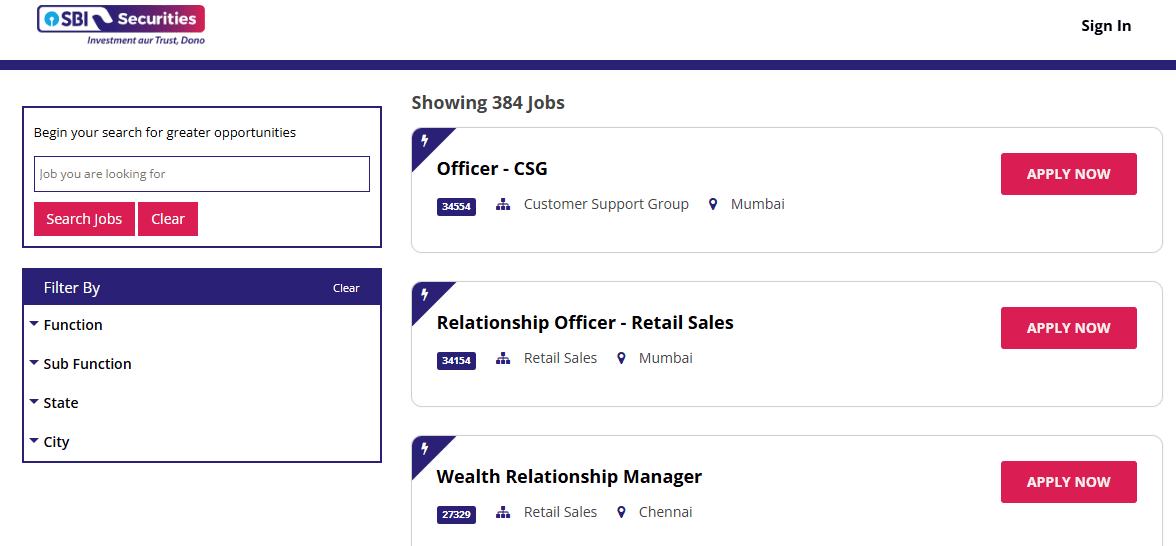 Job Opportunities in SBI Securities